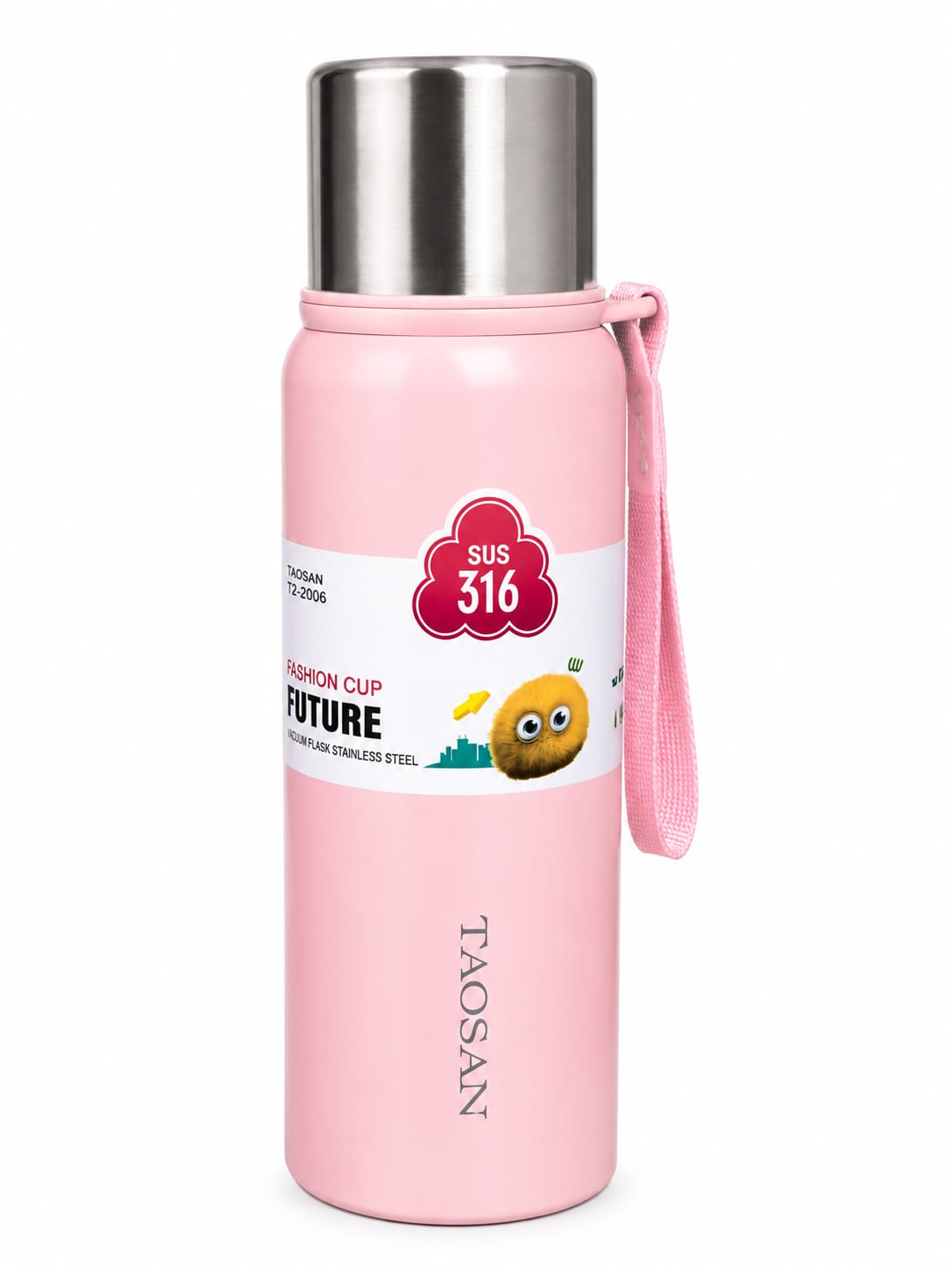 Taosan 316 Stainless Steel Vacuum Insulated Water Bottle – Pink Kids Thermos Flask with Carry Strap